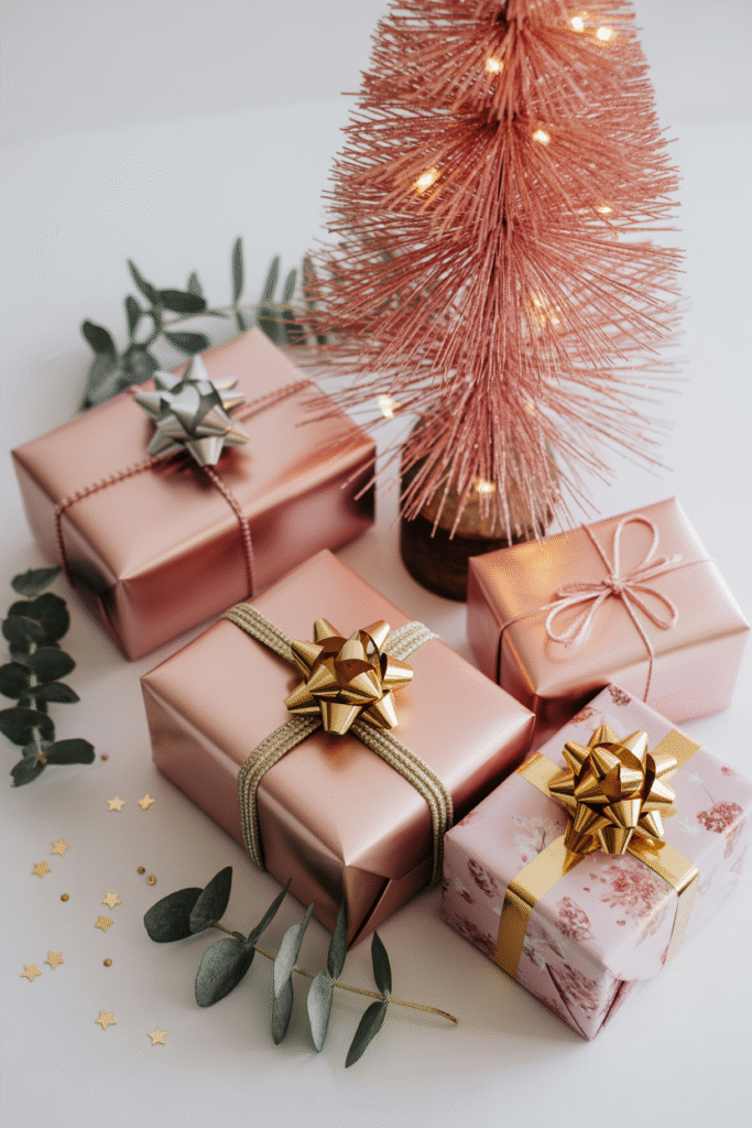 Christmas gifts wrapped in pink paper with metallic bows.