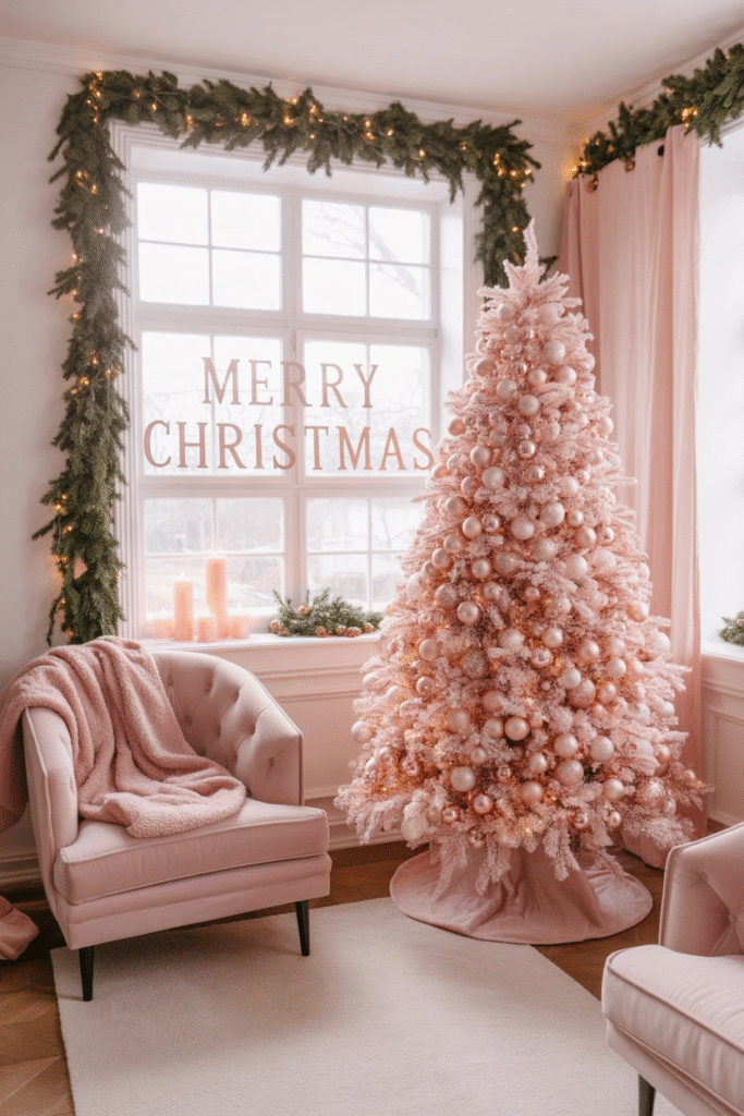 Holiday living room styled with pink Christmas aesthetic blending tradition and trend.