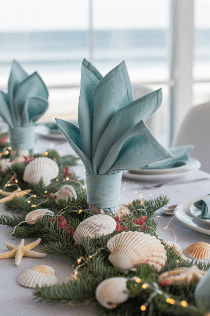 Coastal-inspired Christmas dinner table with seashell and pine décor.