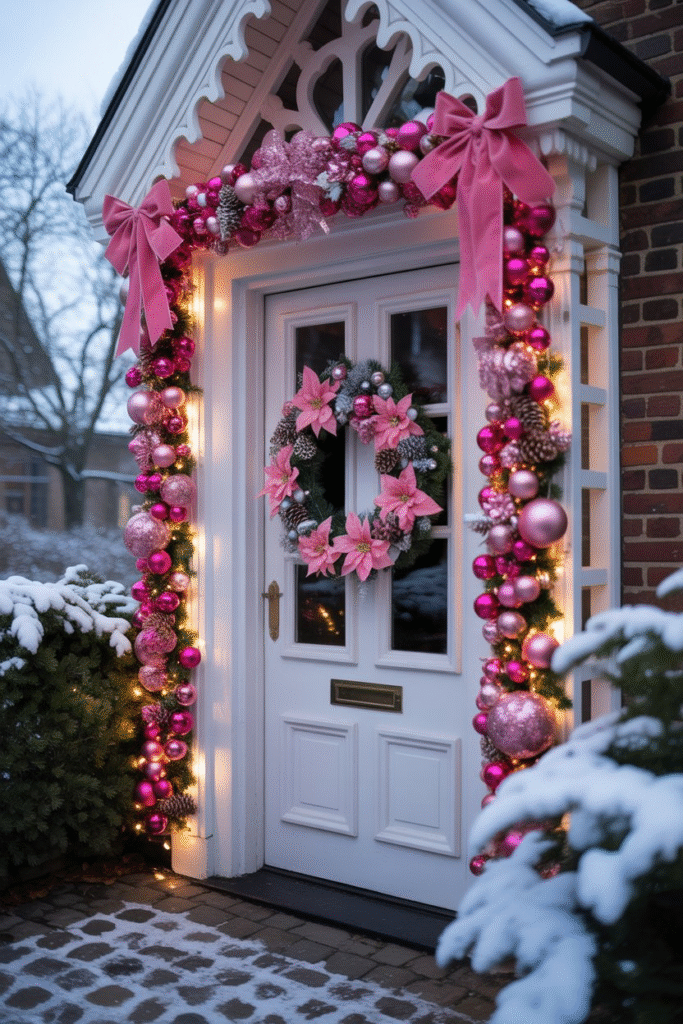 Green Christmas garland decorated with pink ornaments and ribbons.