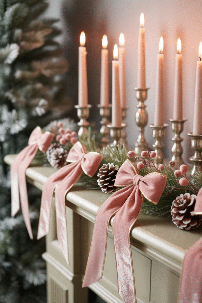 As a part of pink Christmas aesthetic this picture shows a garland with pink Christmas bows and taper candles in gold stands.