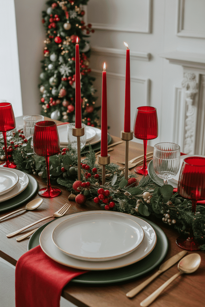 Classic Christmas dinner table setting with red and green décor and gold accents.