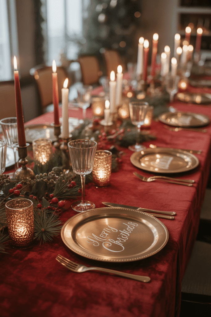 Romantic Christmas dinner table filled with glowing candles.