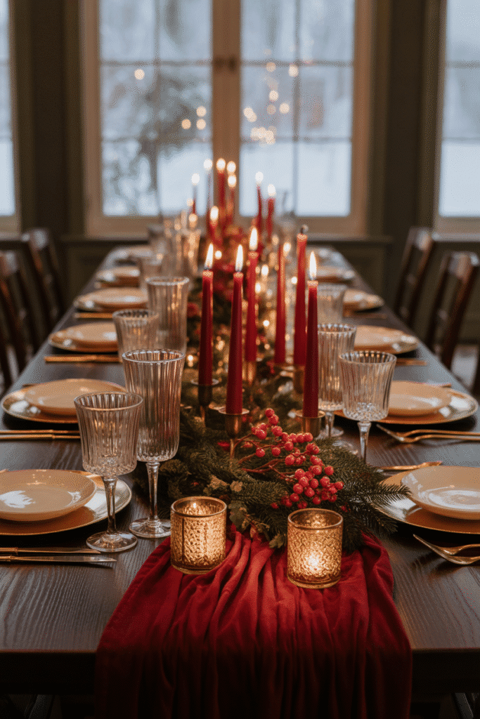 Romantic Christmas dinner table filled with glowing candles.