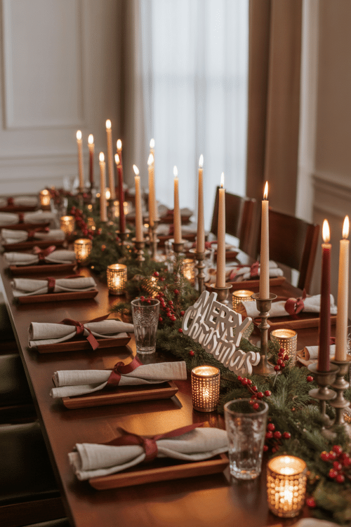 Romantic Christmas dinner table filled with glowing candles.