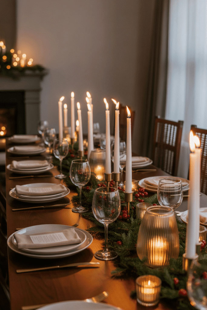 Romantic Christmas dinner table filled with glowing candles.