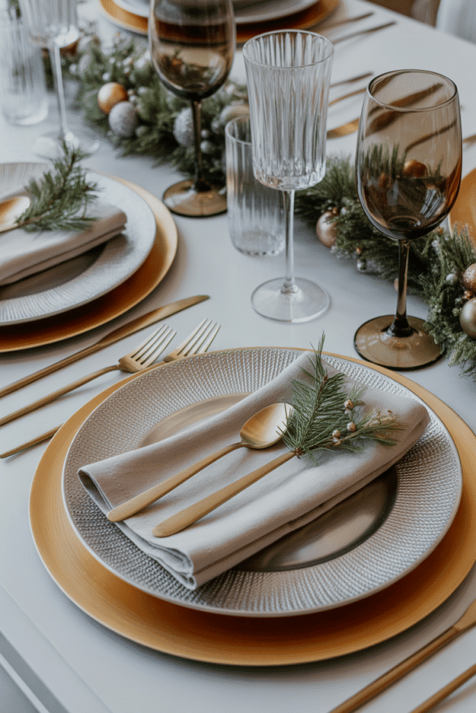 Mixed metallic Christmas dinner table decor in silver, gold, and bronze.