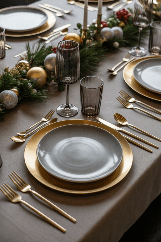 Mixed metallic Christmas dinner table decor in silver, gold, and bronze.