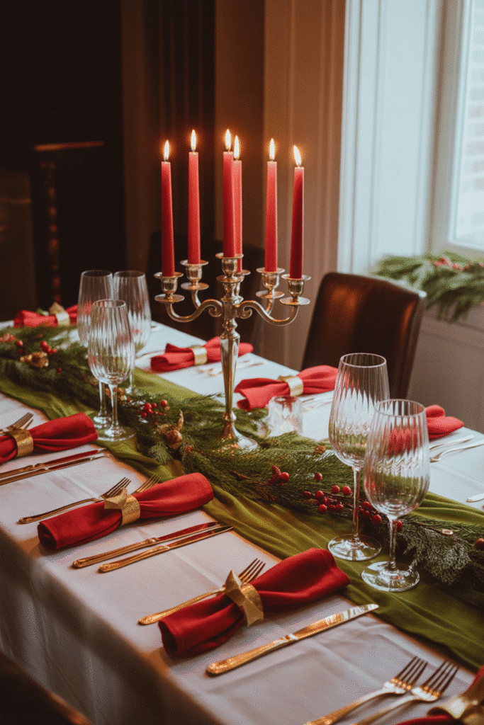 Classic Christmas dinner table setting with red and green décor and gold accents.