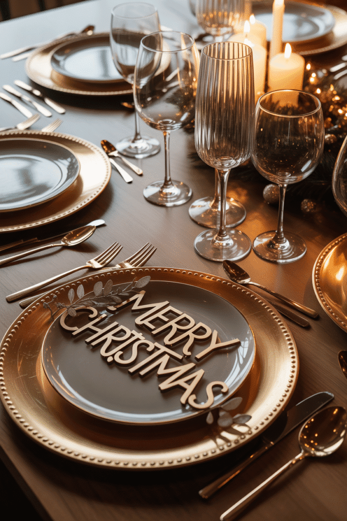 Mixed metallic Christmas dinner table decor in silver, gold, and bronze.