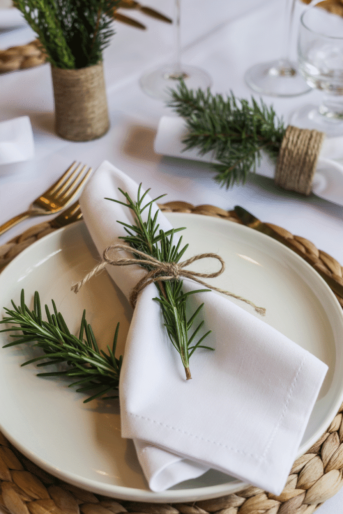 Christmas napkins decorated with evergreen sprigs and twine holders.