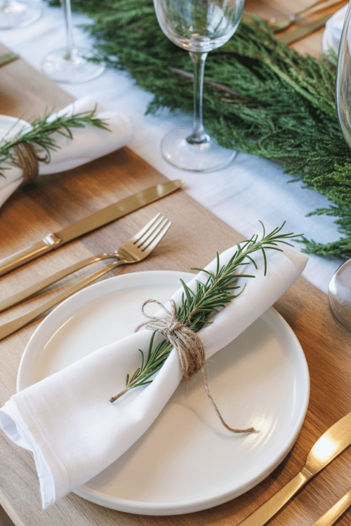 Christmas napkins decorated with evergreen sprigs and twine holders.