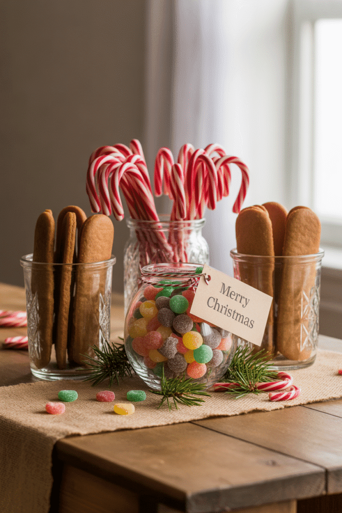 Edible Christmas dinner table centerpiece with cookies and candy canes.