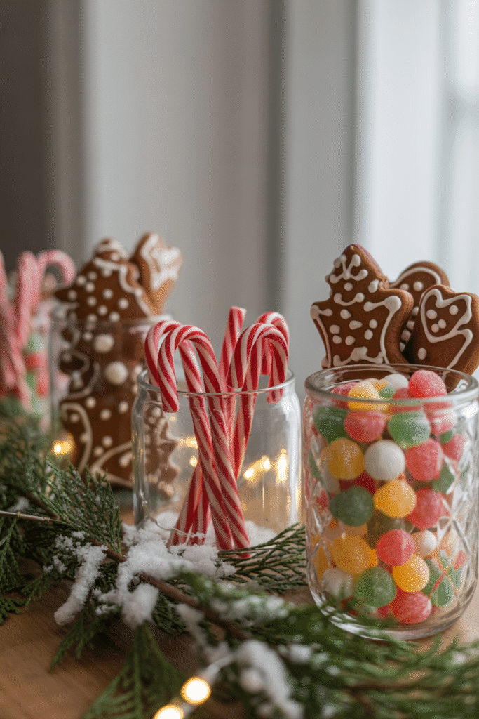 Edible Christmas dinner table centerpiece with cookies and candy canes.