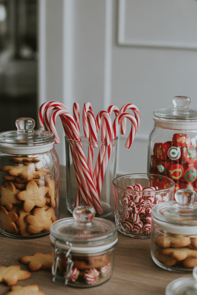 Edible Christmas dinner table centerpiece with cookies and candy canes.