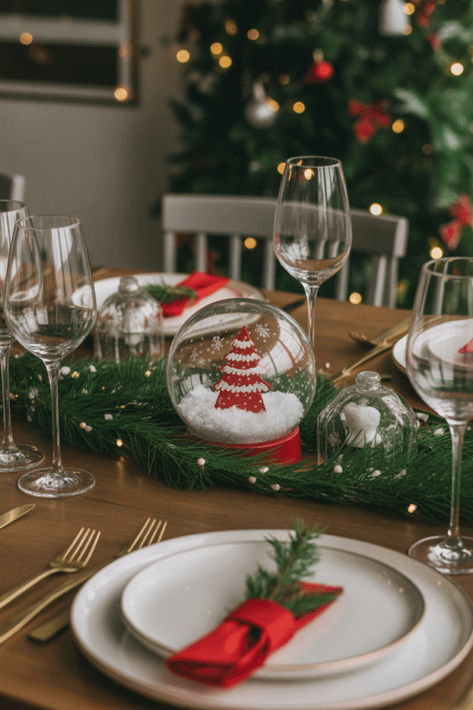 Christmas dinner table decorated with whimsical snow globe accents.