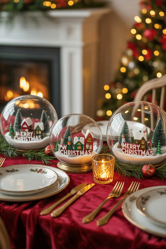 Christmas dinner table decorated with whimsical snow globe accents.