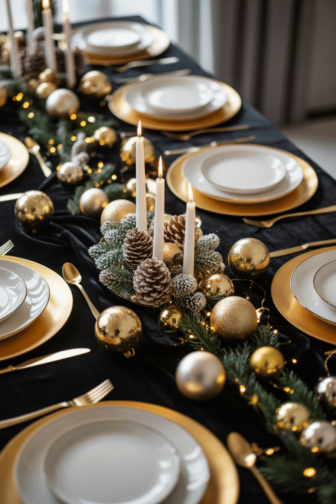 Modern Christmas dinner table with chic black and gold decor.