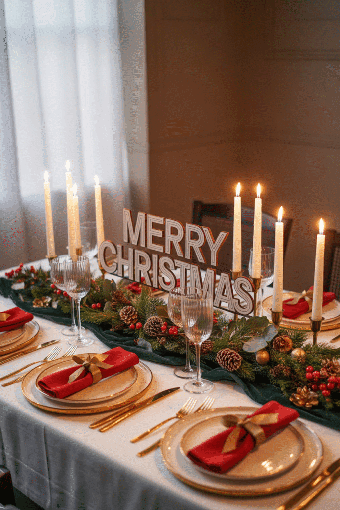 Classic Christmas dinner table setting with red and green décor and gold accents.