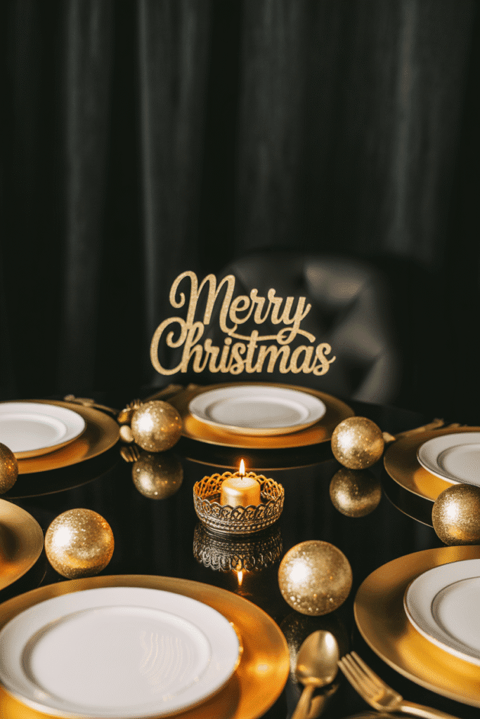 Modern Christmas dinner table with chic black and gold decor.