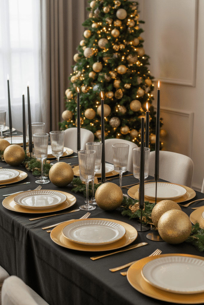 Modern Christmas dinner table with chic black and gold decor.