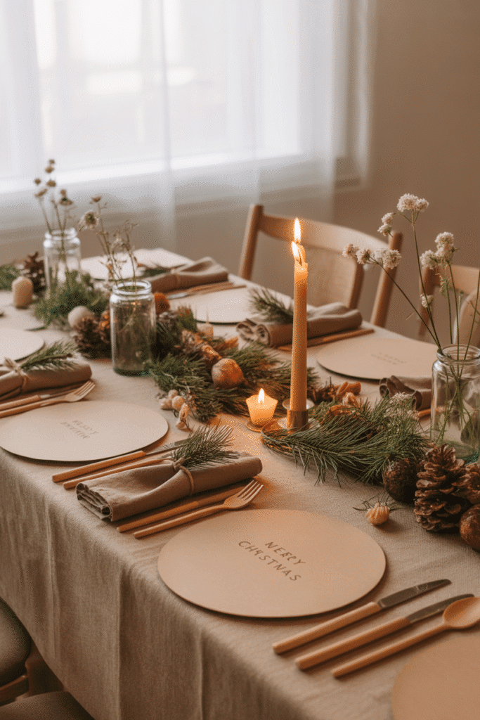 Eco-conscious Christmas dinner table with sustainable decor.