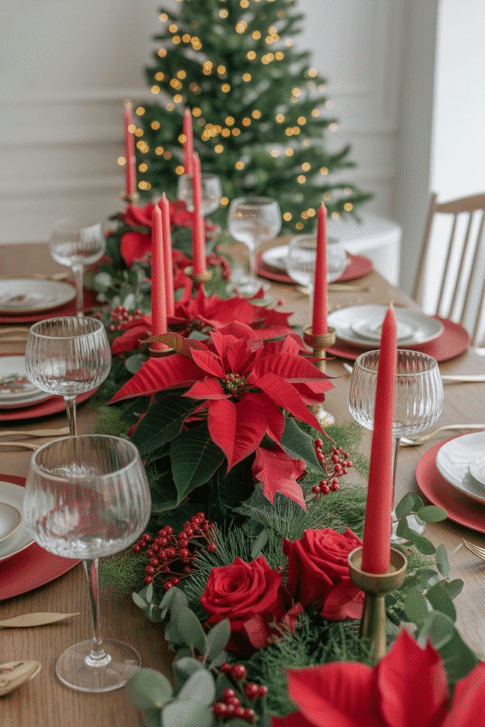 Christmas dinner table decorated with red festive flowers.