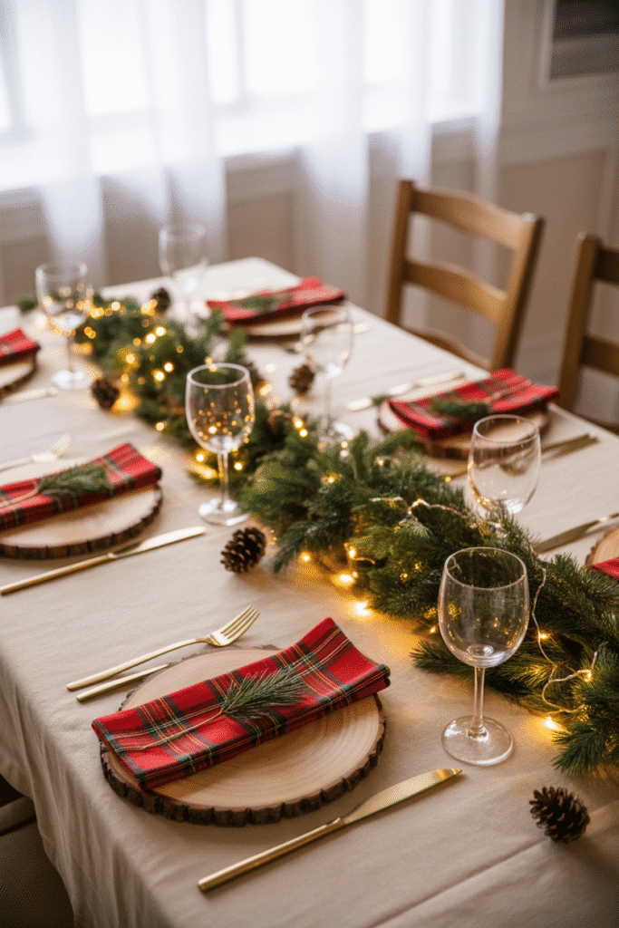 Mixed-style Christmas dinner table with rustic and elegant elements combined.