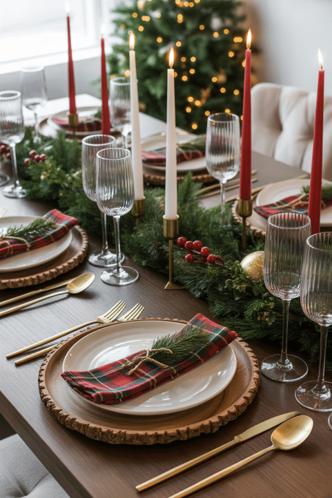 Mixed-style Christmas dinner table with rustic and elegant elements combined.