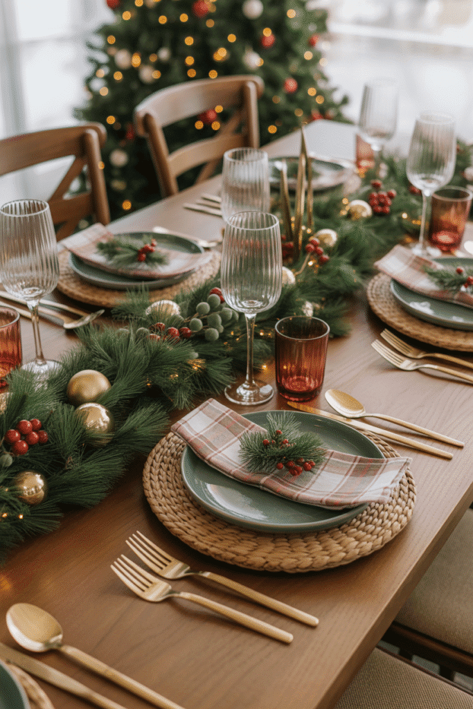 Mixed-style Christmas dinner table with rustic and elegant elements combined.