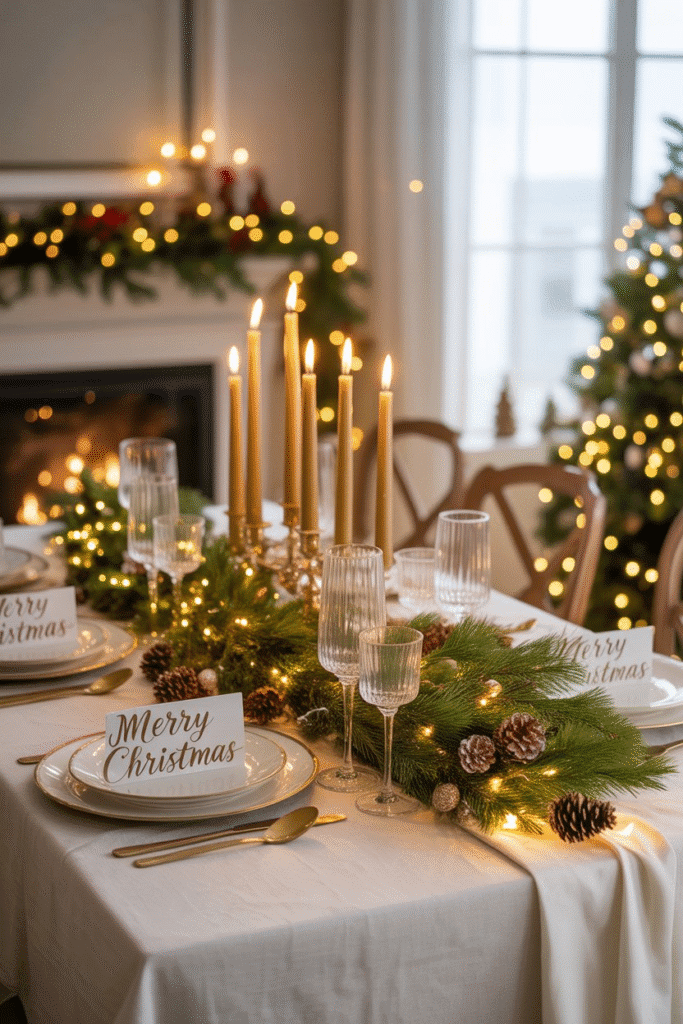 Christmas dinner table white setting.