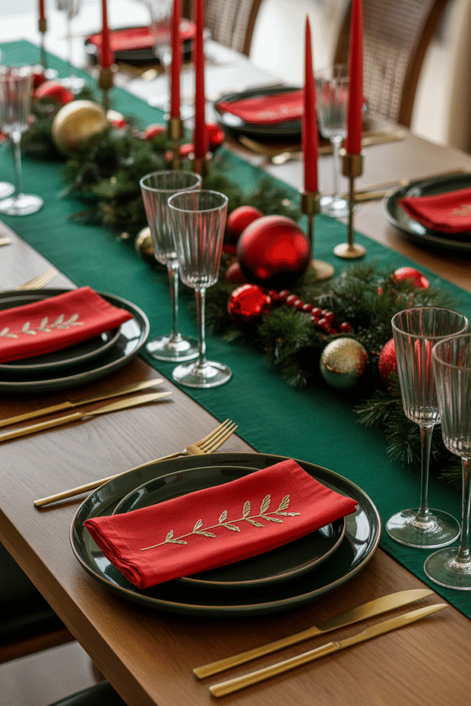Classic Christmas dinner table setting with red and green décor and gold accents.