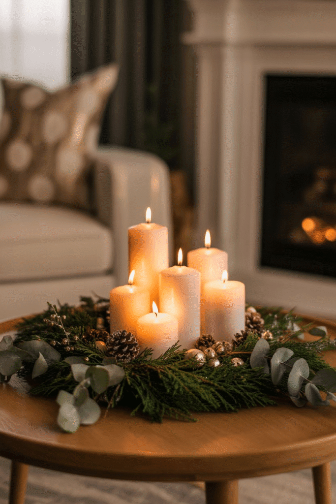As a part of Christmas coffee table decor ideas this picture shows a christmas coffee table with candles and greenery centerpiece.