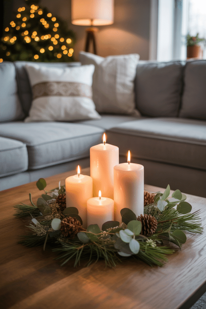 Christmas coffee table with candles and greenery centerpiece.