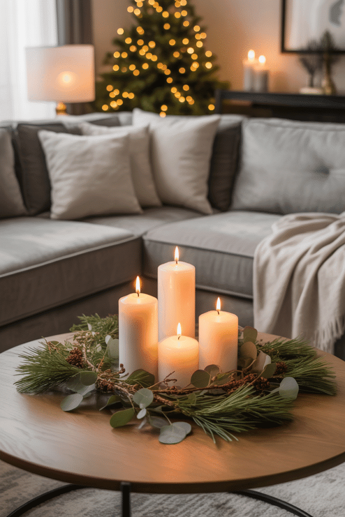 Christmas coffee table with candles and greenery centerpiece.