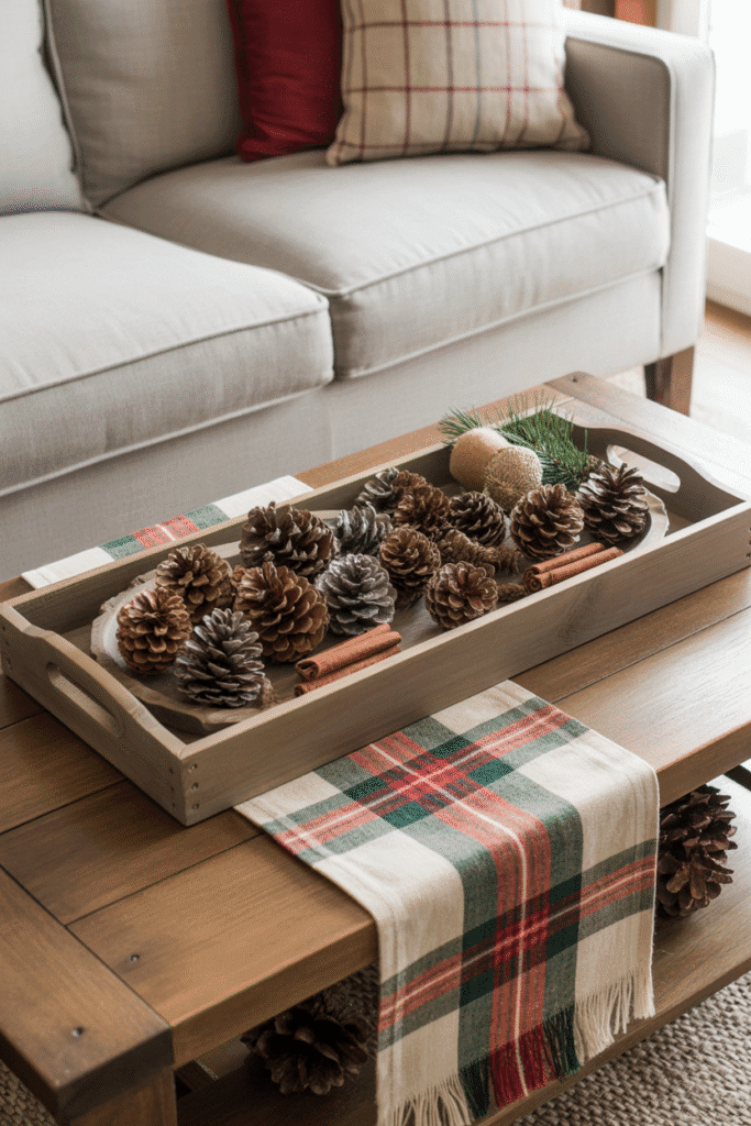 Rustic farmhouse Christmas coffee table decor with pinecones and plaid accents.