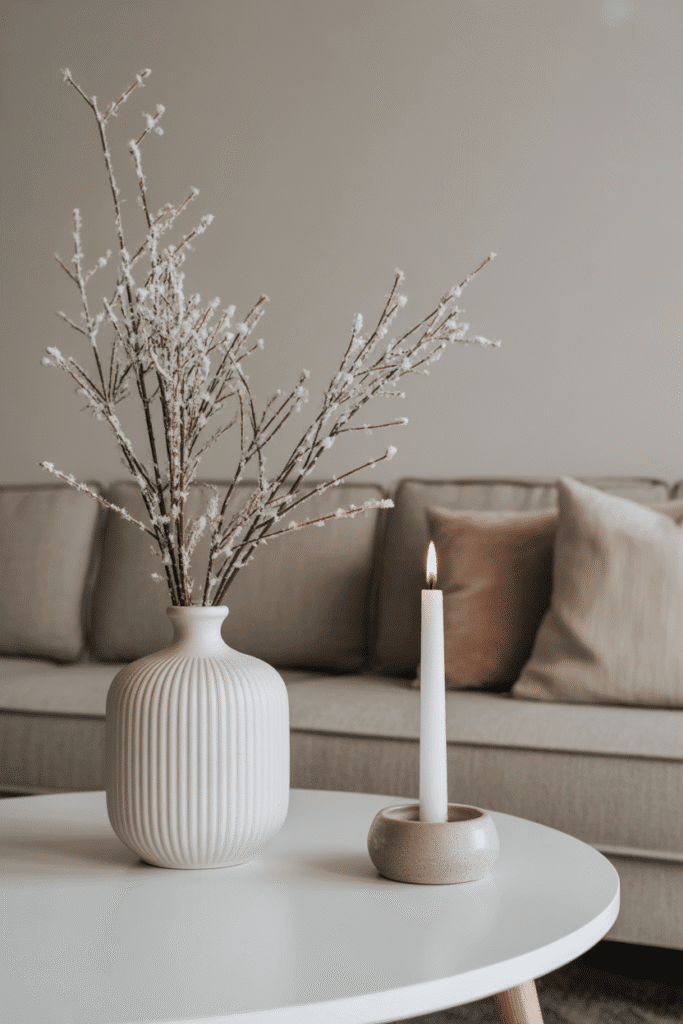 Minimalist Scandinavian Christmas coffee table with neutral decor.