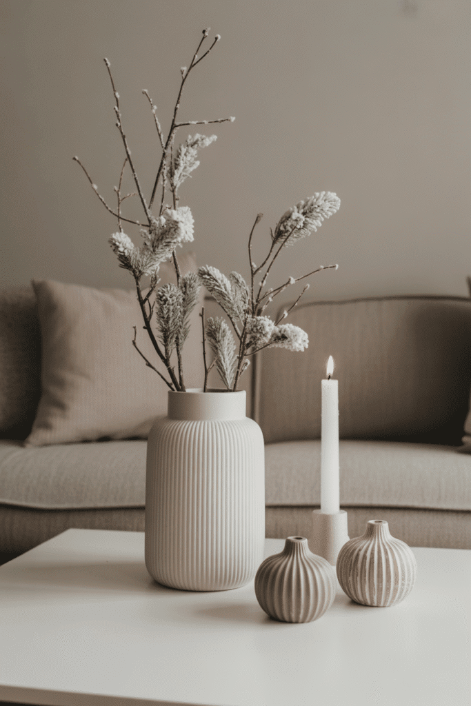 Minimalist Scandinavian Christmas coffee table with neutral decor.