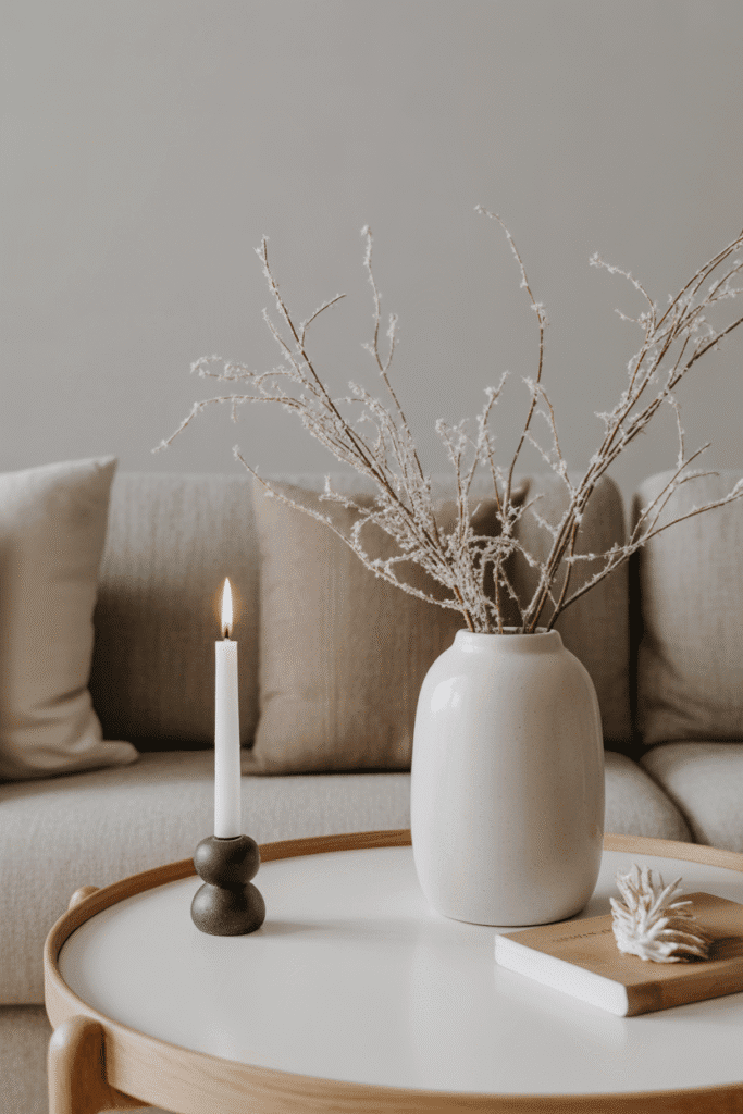 Minimalist Scandinavian Christmas coffee table with neutral decor.
