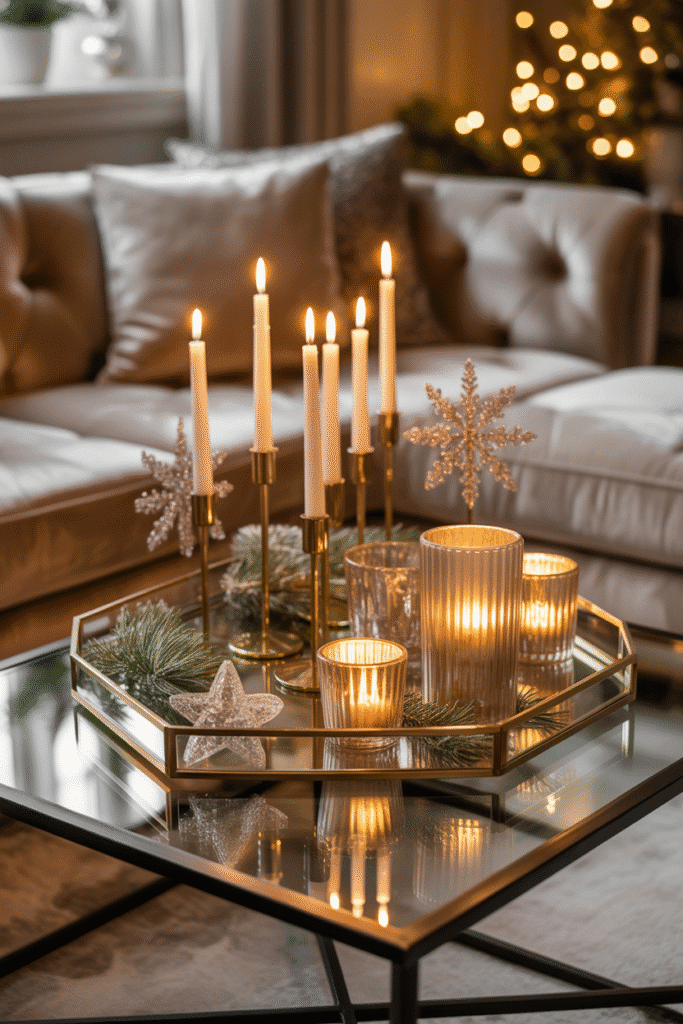 Glam Christmas coffee table with gold and silver holiday accents.