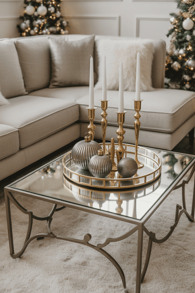 Glam Christmas coffee table with gold and silver holiday accents.