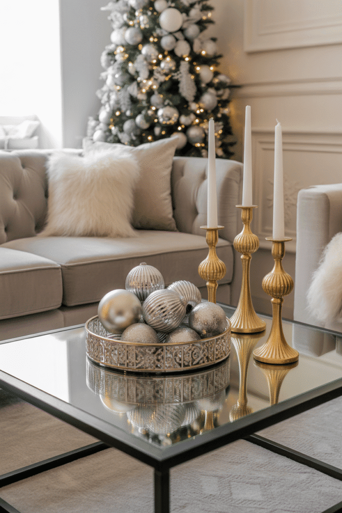 Glam Christmas coffee table with gold and silver holiday accents.