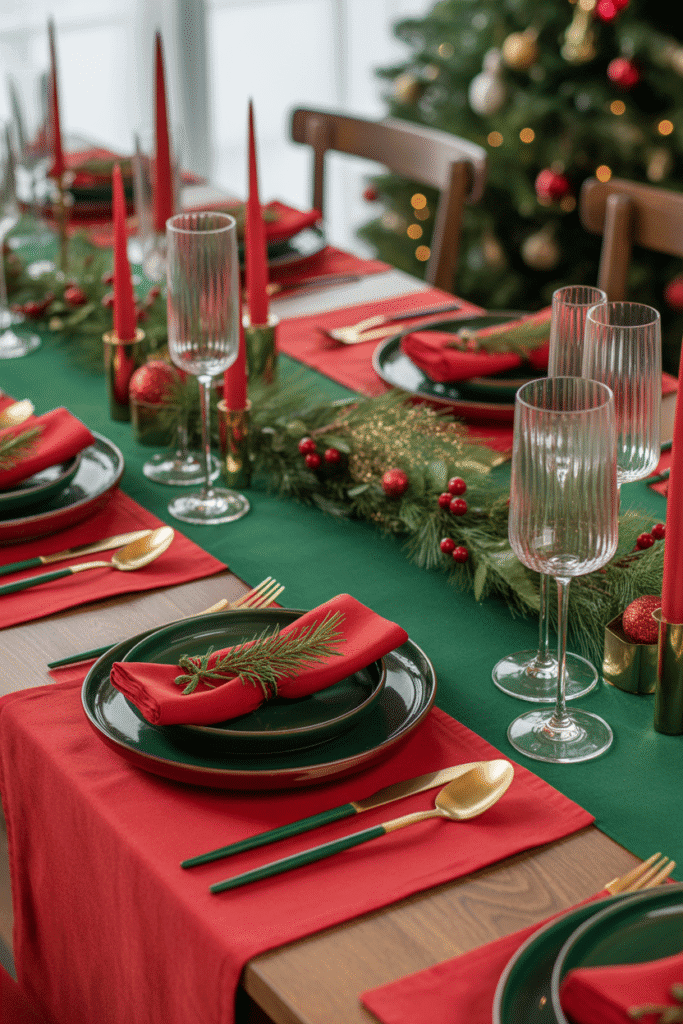 Classic Christmas dinner table setting with red and green décor and gold accents.
