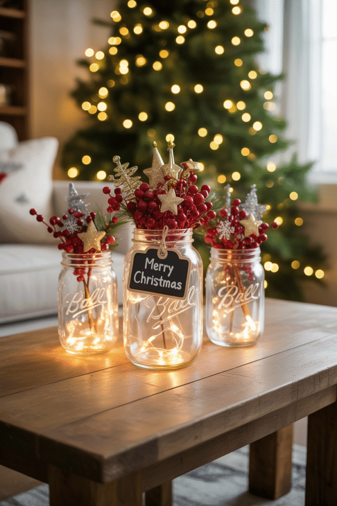 DIY mason jar Christmas centerpiece with lights and cranberries.