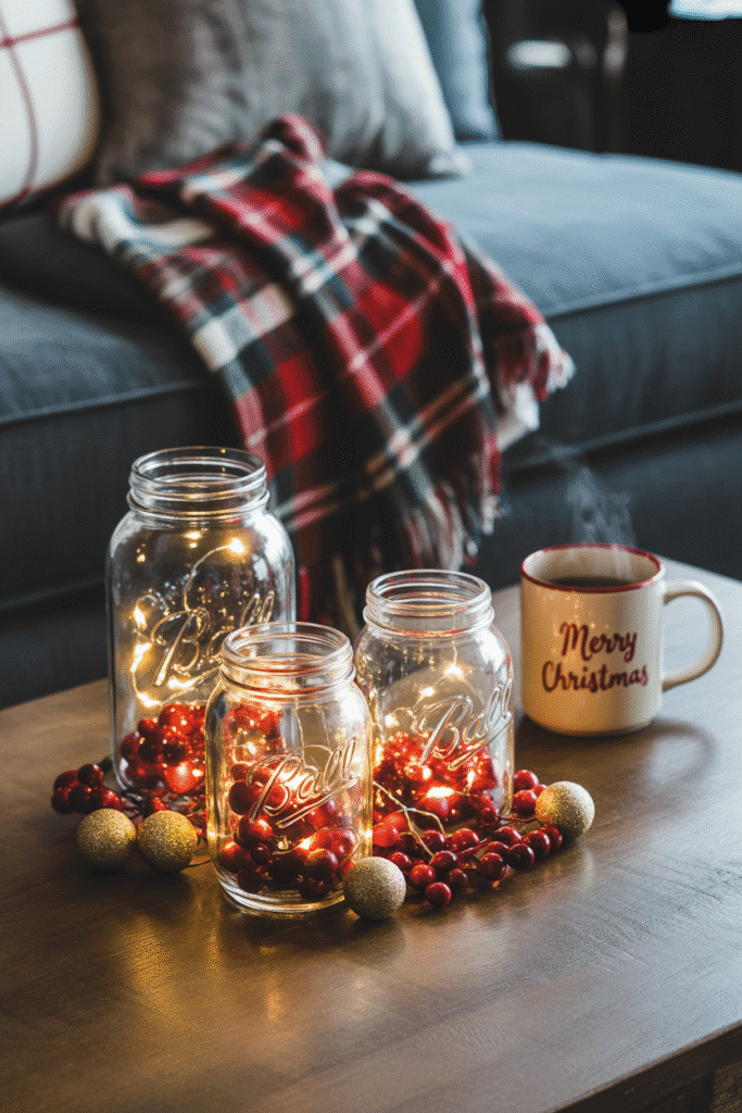 DIY mason jar Christmas centerpiece with lights and cranberries.