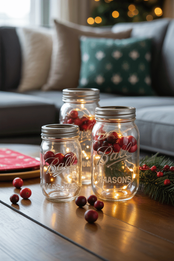 DIY mason jar Christmas centerpiece with lights and cranberries.