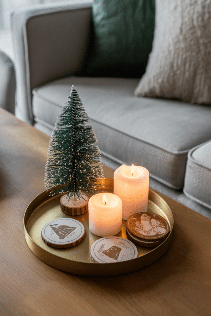 Festive Christmas coffee table tray with candles and mini tree.