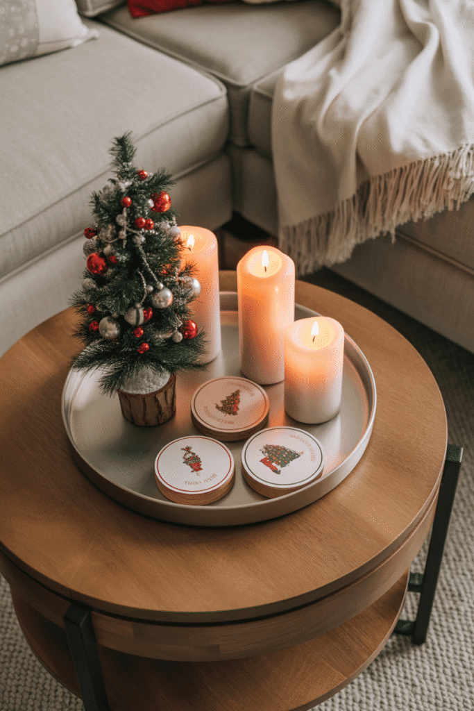 Festive Christmas coffee table tray with candles and mini tree.