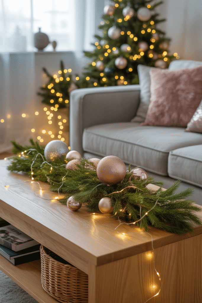 Christmas coffee table decorated with fairy lights and ornaments.
