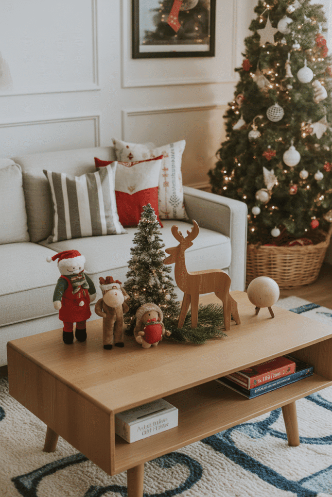 Kid-friendly Christmas coffee table décor with playful holiday accents.